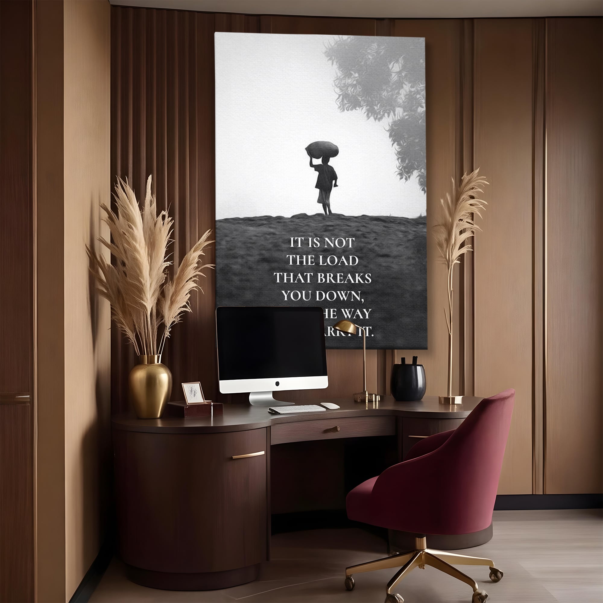 Tablou canvas cu tablou motivational cu silueta si text, fara rama, pe sasiu de lemn, pe perete intr-un birou
